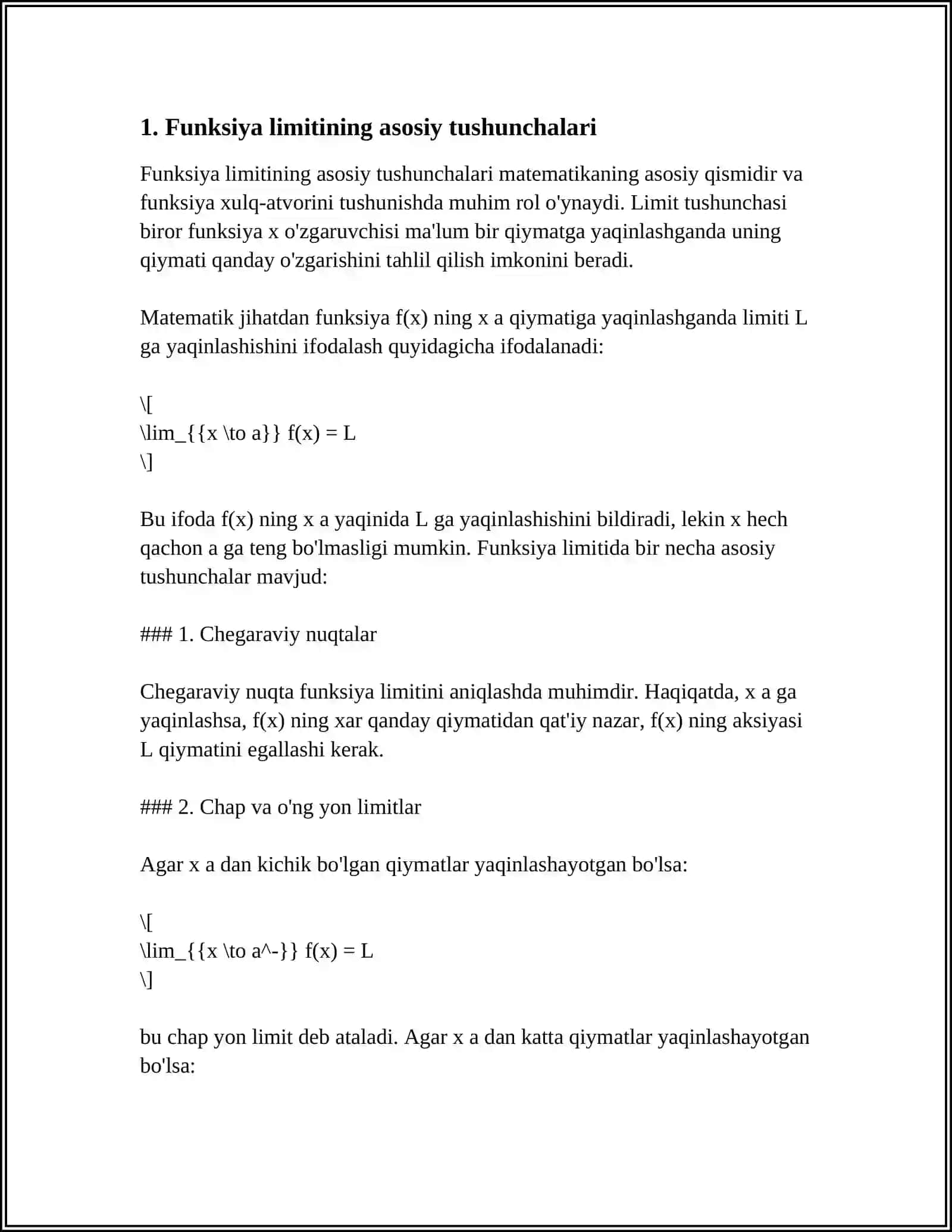 MUSTAQIL ISH Mavzu: FUNKSIYA LIMITI VA UNI HISOBLASH 3