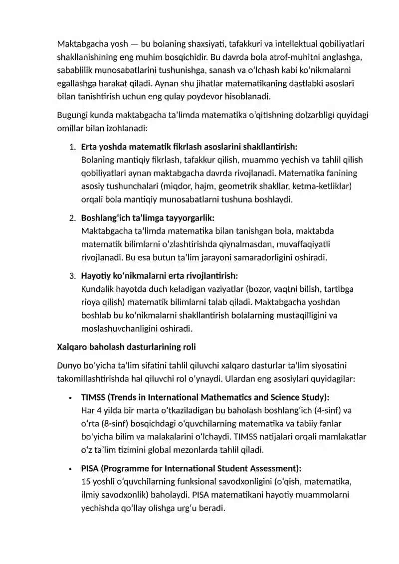 XALQARO BAHOLASH DASTURLARI MATERIALLARINI O'Z ICHIGA OLGAN INNOVATSION USULLAR BILAN O'QUV MATERIALLARNI ISHLAB CHIQISH VA TAQDIM ETISH: MAKTABGACHA TA’LIMDA MATEMATIKANI O'QITISHNI RIVOJLANTIRISH VA TAKOMILLASHTIRISH 3