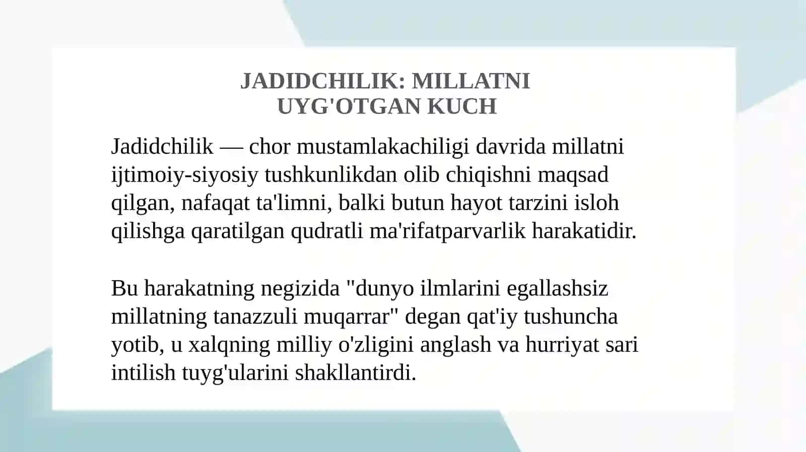 Jadidchilik harakati namoyondalari (Abdurauf Fitrat, Mahmudxoʻja Behbudiy, Abdulhamid Choʻlpon, Isʼhoqxon toʻra Ibrat) 3