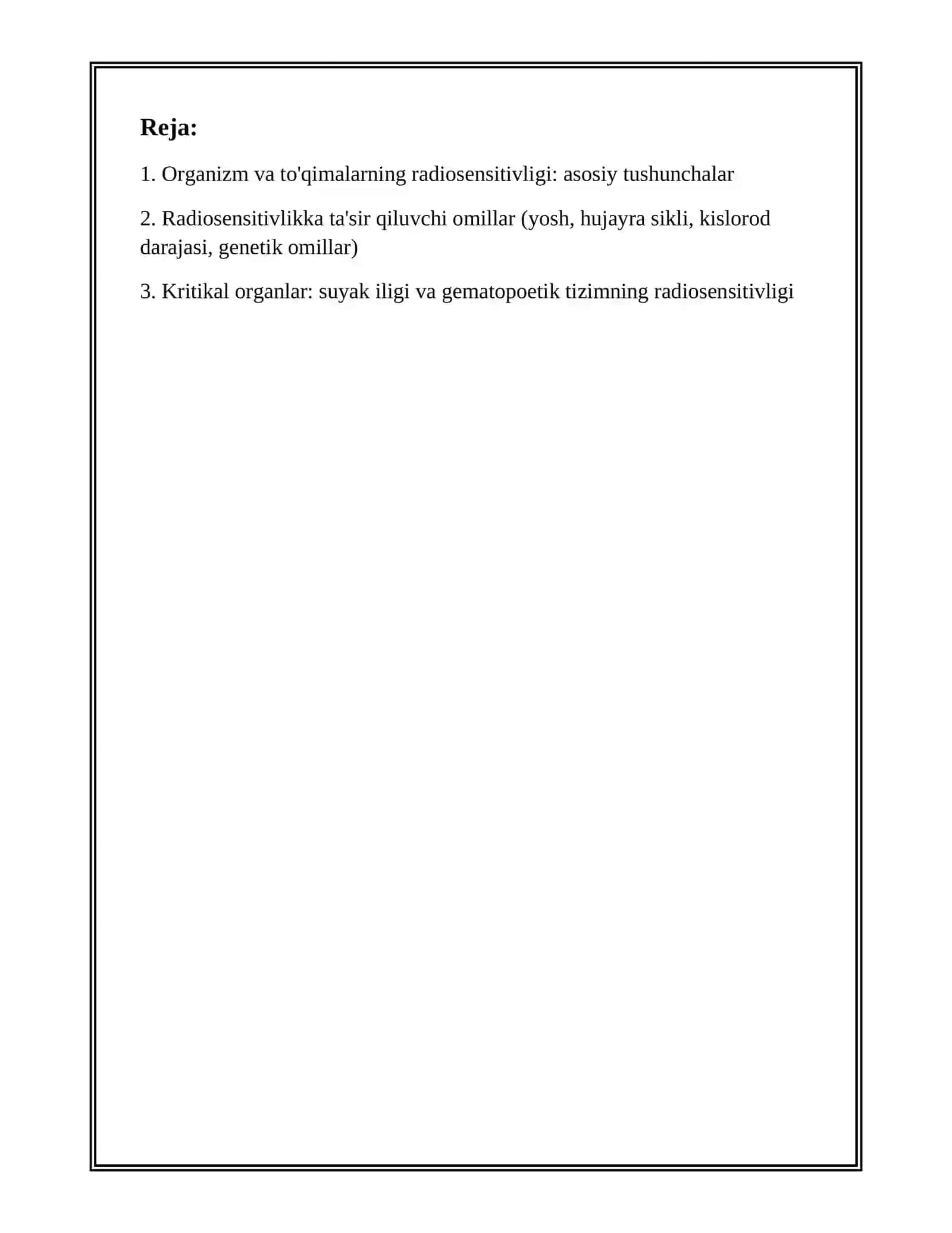 ORGANIZM, ORGAN VA TO‘QIMALARNING RADIOSENZGIRLIGI. KRITIK ORGANLAR. RADIATSION ALOMATLAR: ILK-MIYA, OSHQOZON-ICHAK, SEREBRAL. NUR KASALLIGI. O‘TKIR VA SURUNKALI NUR XASTALIKLARI 3