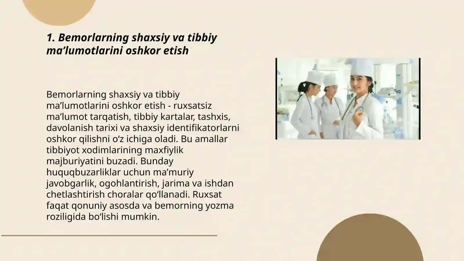 Tibbiyot xodimlari maʼmuriy qilishmalari.Aholi sogʻligini saqlash tibbiy faoliyat bilan bogʻliq savdo tadbirkorlik va moliya sohalarida maʼmuriy xuquqbuzarlik 3