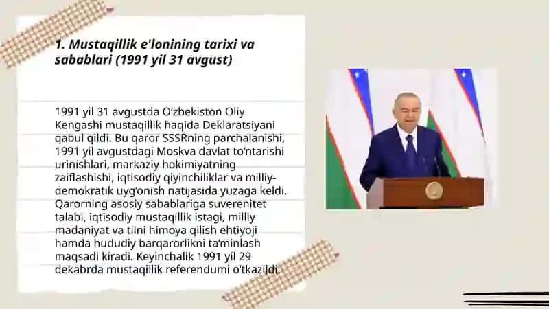 Mustaqil O'zbekiston Respublikasi tashkil topishining tarixiy ahamiyati 3