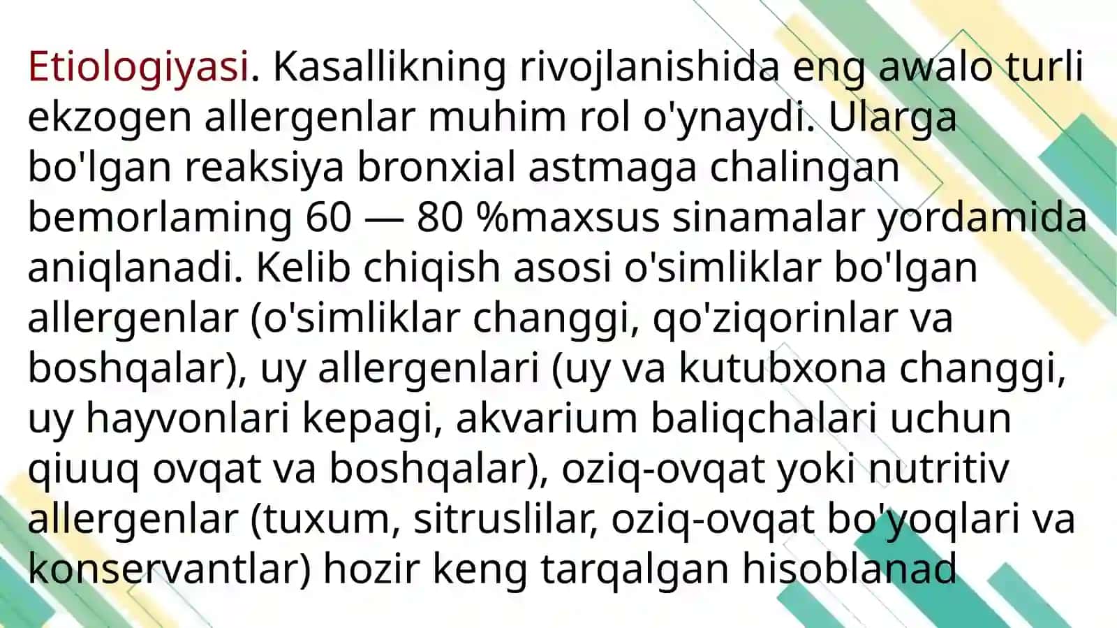 Bronxial astma va oʻpka enfizemasi klinik kechishi. Diagnostika. Asosiy davolash prinsiplari 3