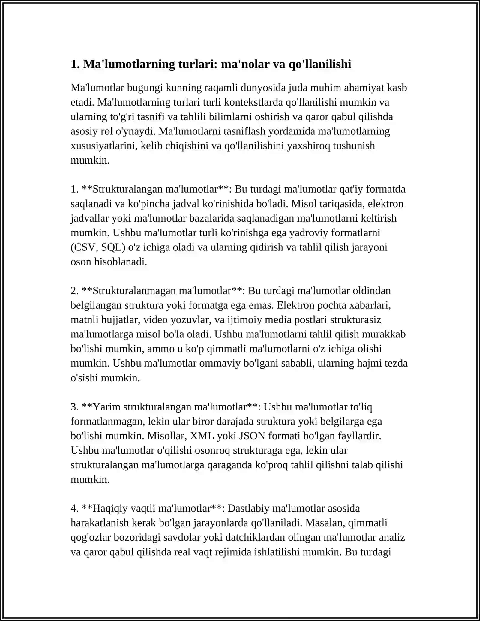 MALUMOTLARNING SOZLANGAN TURLARI MASSIVLAR VECTORLAR YOZUVLAR VA TOLAMLAR VA KORSATKICHLI TURLAR MAVZUSI HAQIDA MUSTAQIL ISH TAYORLAB BERING TOLIQ HOLDA 3
