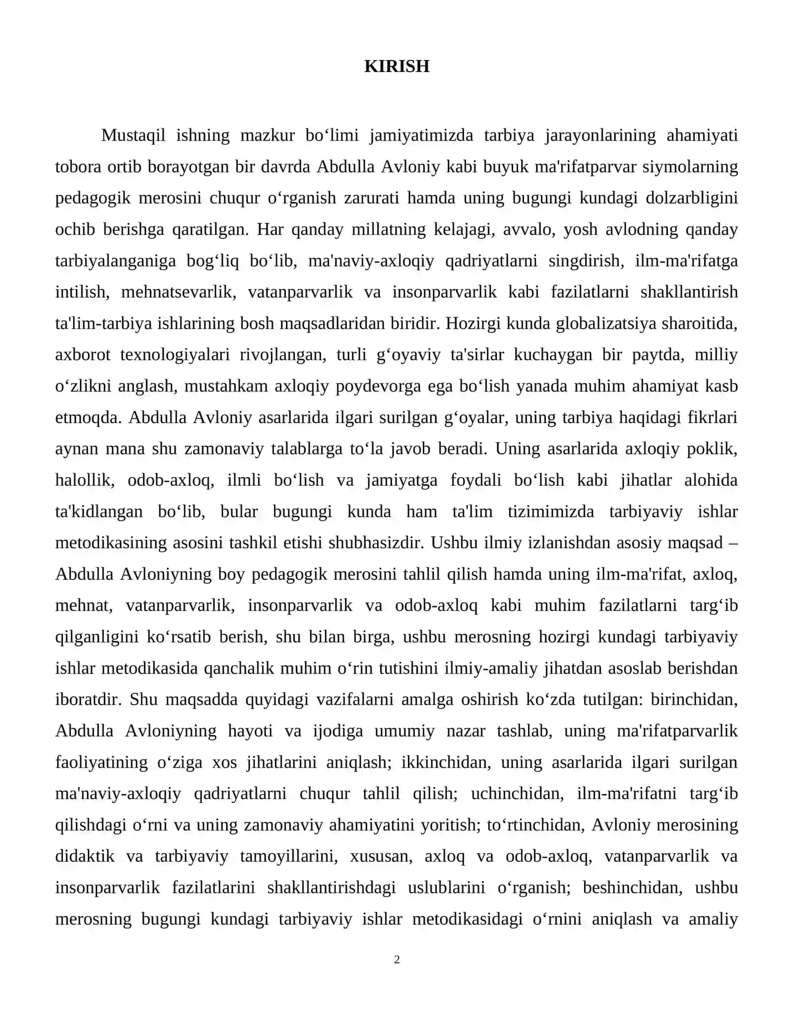Abdulla Avloniyning ilm- ma'rifat,axloq mehnat, vatanparvarlik, insonparvarlik, odob-axloq kabi fazilatlarni targʻib qilganligi, uning pedagogik merosi hozirgi kunda ham tarbiyaviy ishlar metodikasida muhim oʻrni haqida 3