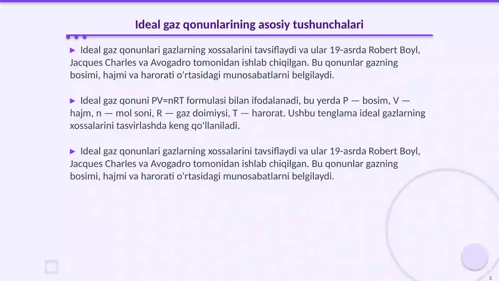 Ideal gaz qonunlari. Molekulyar kinetik nazaryaning asosiy tenglamasi. Ideal gaz molekulalarining tezligi 3