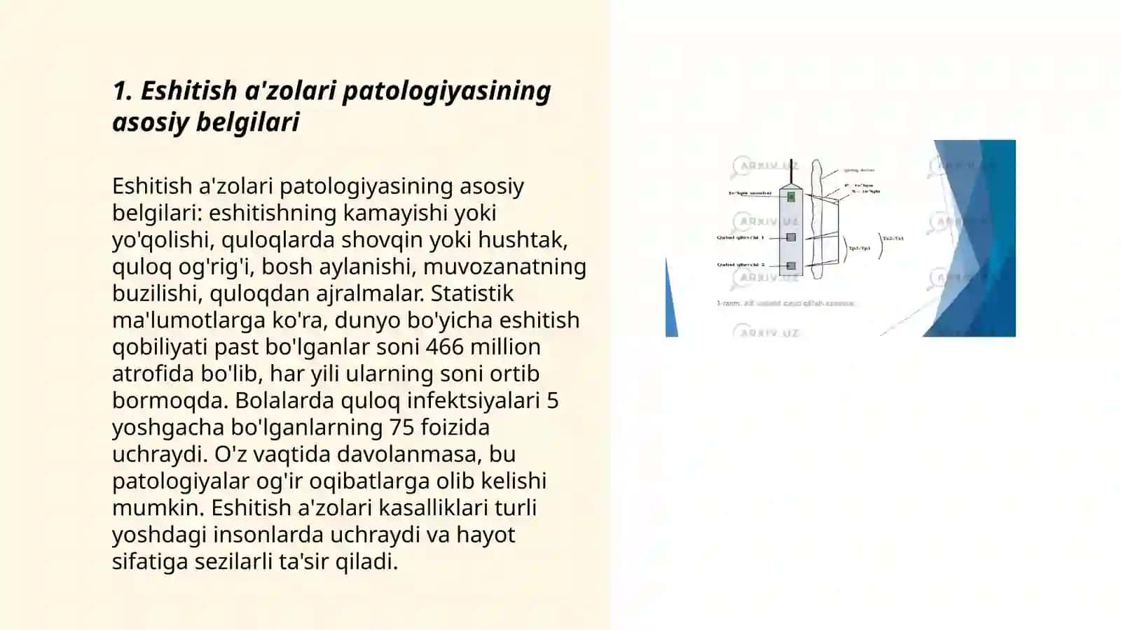 Eshitish aʼzolari patologiyasini tashxislash: Akustik sistemasining tekshirish usullari buzilishining ogʻirlik darajalarini belgilash 3