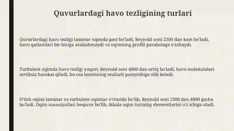 Havoning quvurlardagi tezlik turlari 3