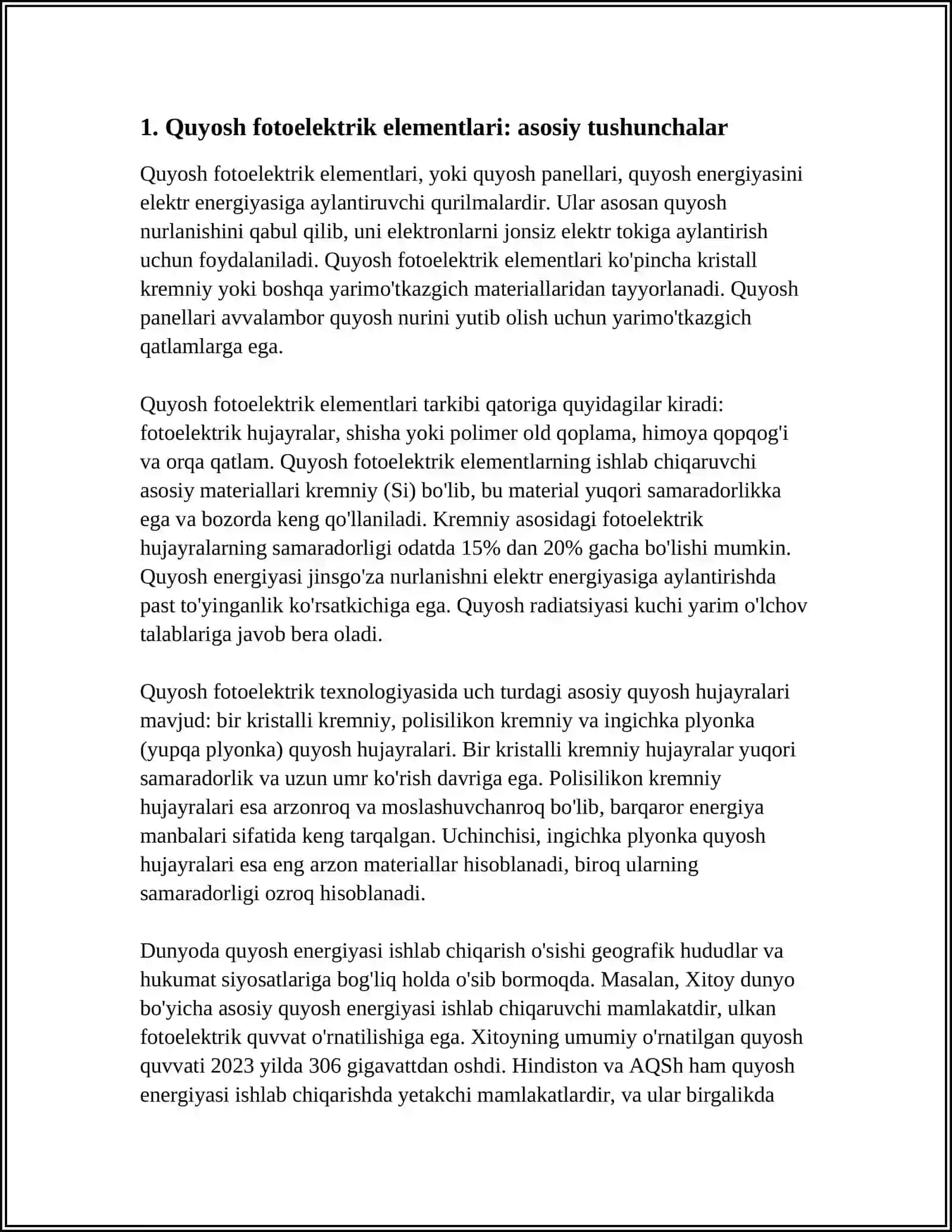QUYOSH FOTOELEKTRIK ELEMENTLARI VA MODULLARI.OPTIK TOLALI TIZIMLAR 3