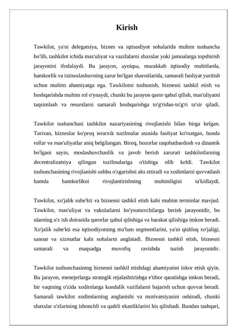 Tawkilot, xo'jalik sube'kti tushunchalari va biznes tashkil etish 3