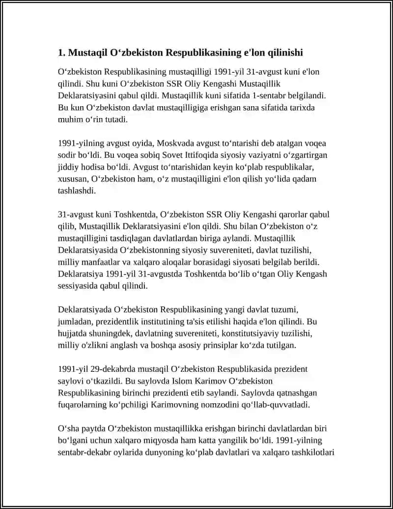 MUSTAQIL OʻZBEKISTON RESPUBLIKASINING TASHKIL TOPISHI VA UNING TARIXIY AHAMIYATI 3