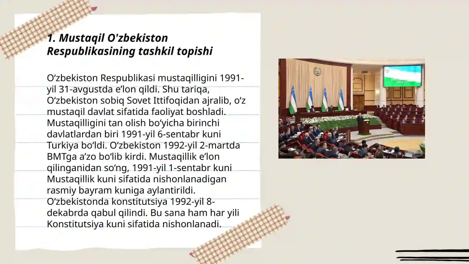 Mustaqil O'zbekiston Respublikasining tashkil topishi va uning tarixiy ahamiyati. O'zbekistonning o'ziga xos taraqqiyot yo‘li 3