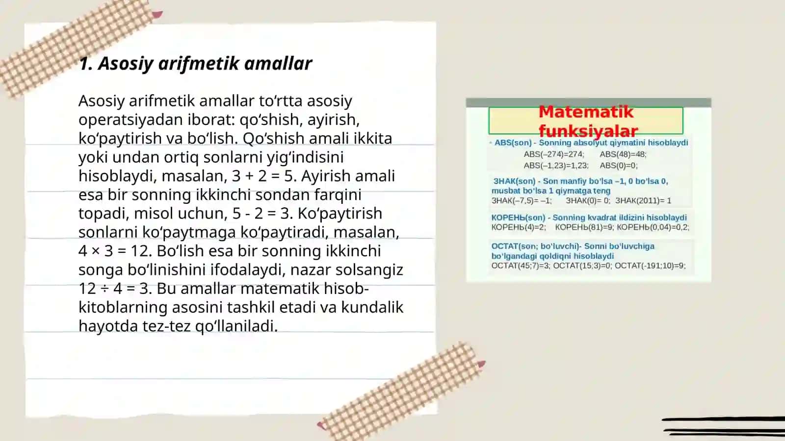 Kesmalarning o'lchami sifatida qaralgan sonlar ustida arifmetik amallar tarifi va amallar bajarish xossalari 3