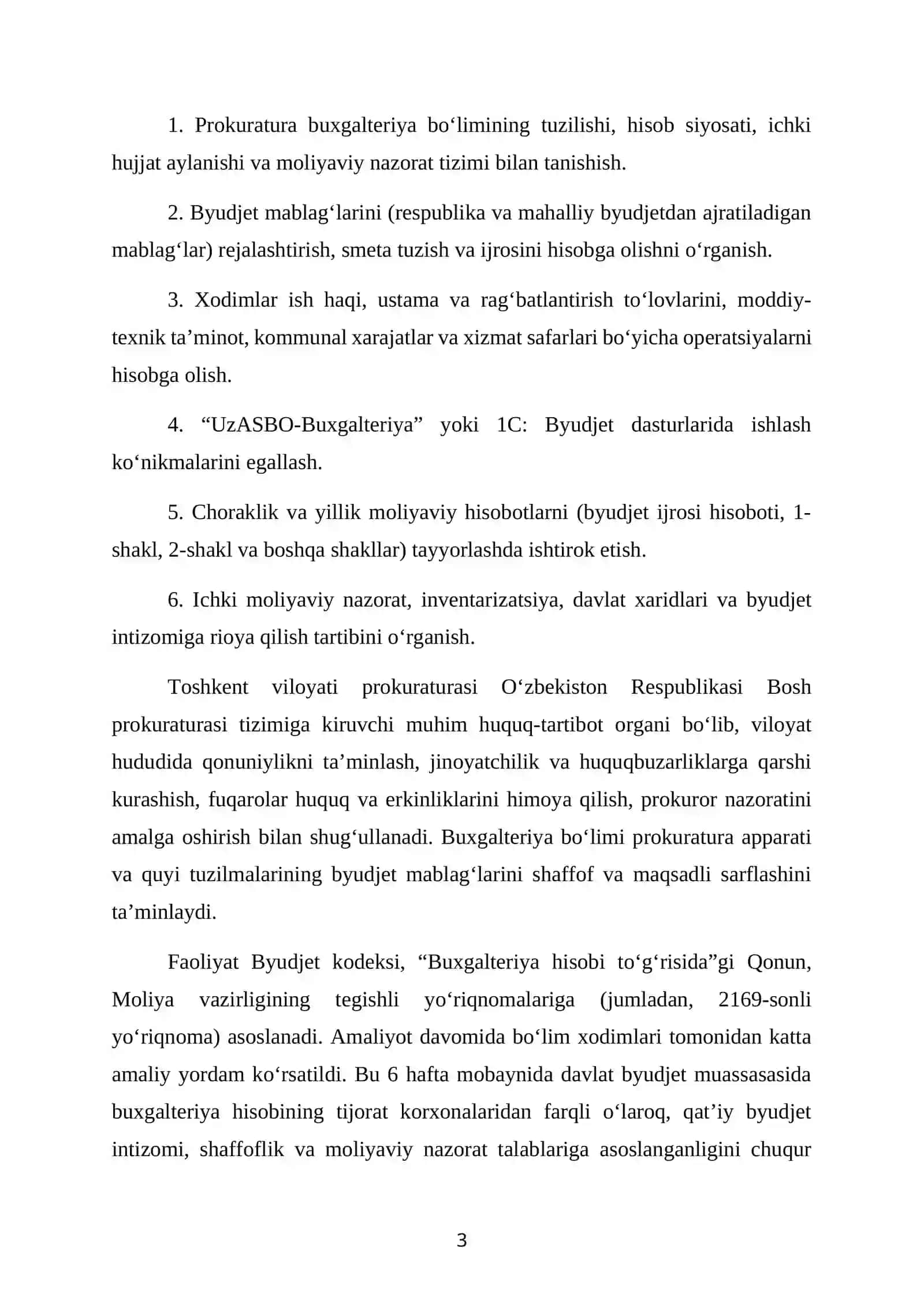 TOSHKENT VILOYATI PROKURATURASI. BITIRUV MALAKAVIY AMALIYOT 3