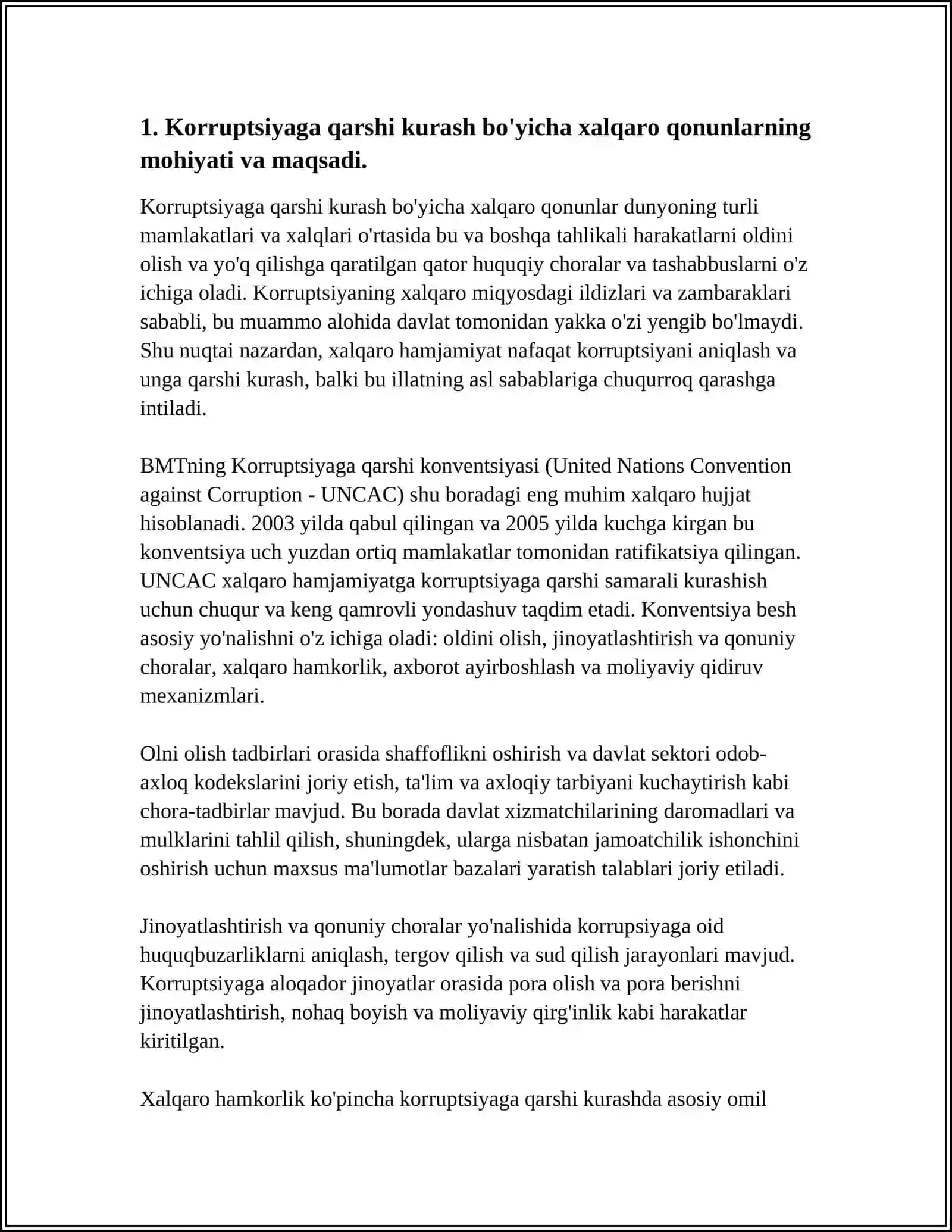 KORRUPSIYAGA QARSHI KURASH BO‘YICHA XALQARO QONUNLAR VA QARORLARNING O‘ZBEKISTONDA RATIFIKATSIYA QILISHNING AHAMIYATI, IQTISODIY-SIYOSIY VA IJTIMOIYHUQUQIY MEXANIZMLARI 3