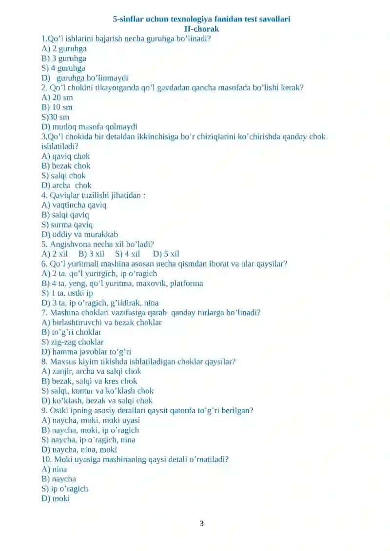 5-sinflar uchun texnologiya fanidan test savollari 3