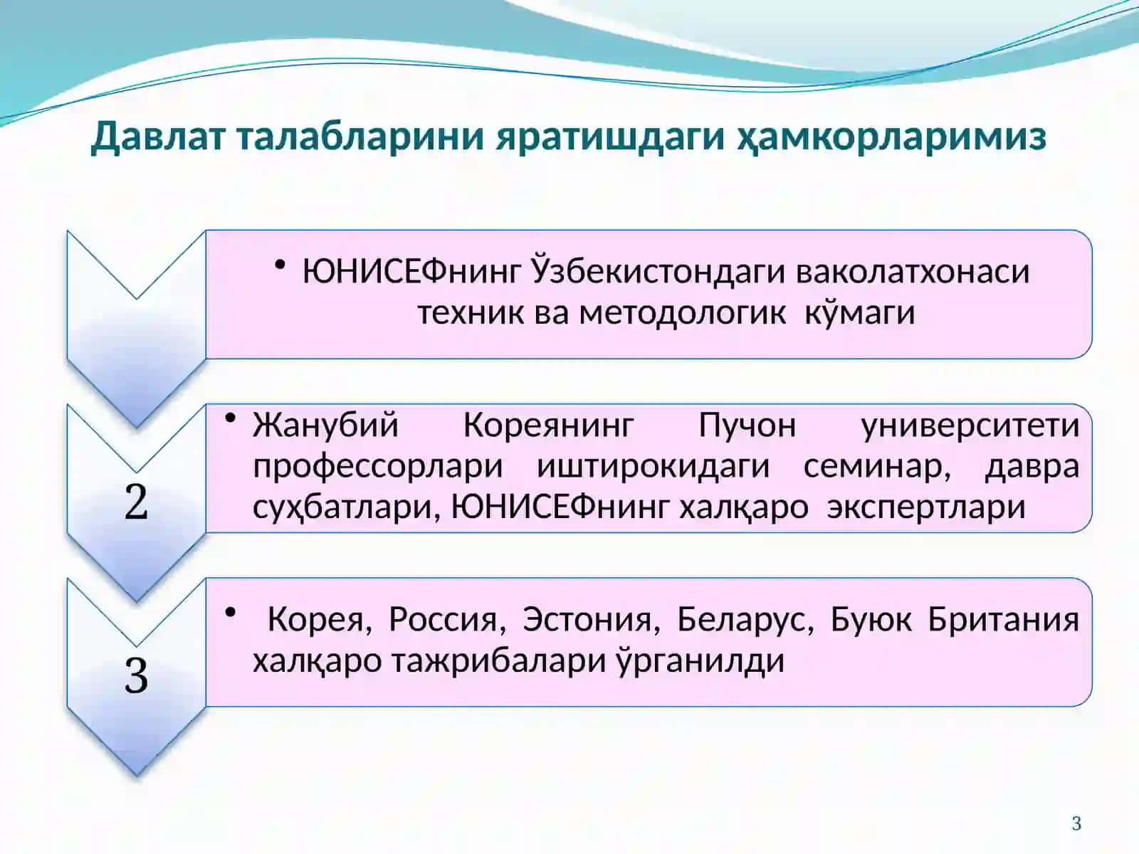 3-МАВЗУ: Ўзбекистон Республикасининг илк мактабгача ёшдаги болалар ривожланишига қўйиладиган Давлат талаблари ВА УНИ ХАЁТГА ЖОРИЙ ЭТИШ ТЕХНОЛОГИЯЛАРИ 3