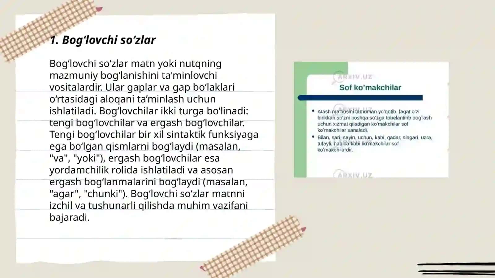Yordamchi sozlar. Bogʻlovchi, koʻmakchi va yuklama 3