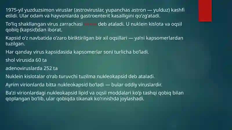 Umumiy virusologiya:strukturasi, morfologiyasi, reproduksiyasi, kimyoviy tarkibi. Bakteriofag.Viruslarni ajratib olish usullari. Viruslarni indikatsiya va identifikatsiya qilish usullari. Viruslar keltirib chiqaruvchi yuqumli kasalliklarga tashxis qo`yish usullari. 3
