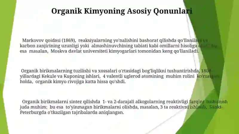 Organik kimyo fanining asosiy qonunlari hamda ularning ahamiyati haqida maʼlumotlar yozish 3