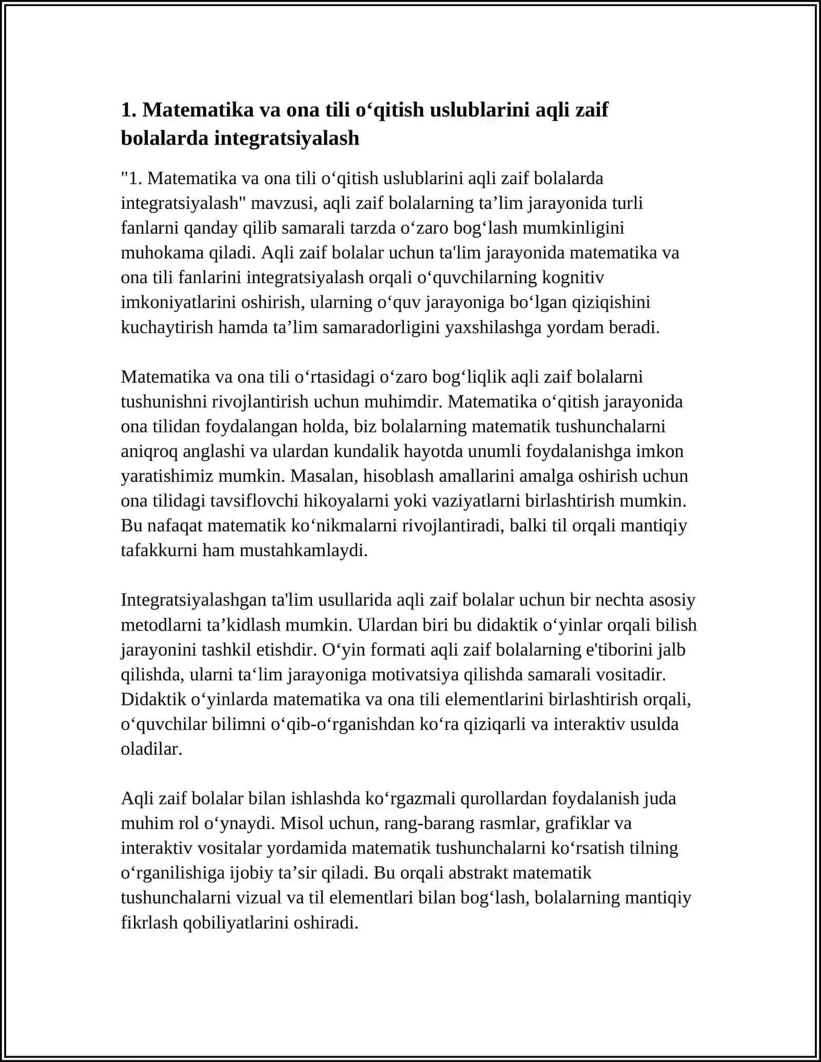 AQLI ZAIF BOLALAR UCHUN MATEMATIKA O‘QITISH USLUBIYATINING BOSHQA FANLAR VA TA’LIMNING BOSHQA USLUBIYATLARI BILAN BOG‘LIQLIGI 3