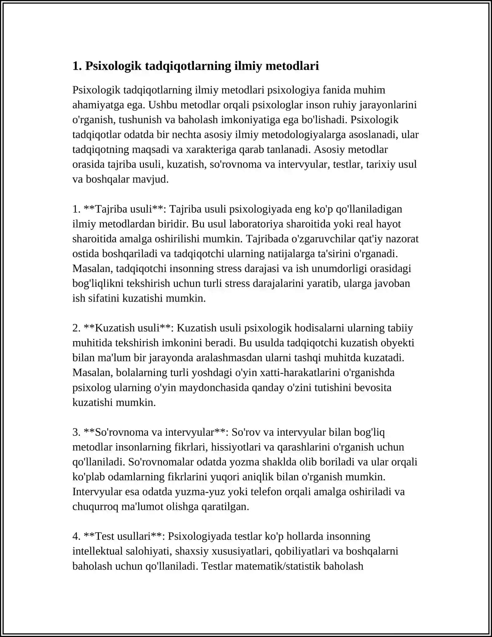 HOZIRGI ZAMON PSIXOLOGIYASINING TADQIQOT METODLARI.PSIXIKANING FILOGENETIK TARAQQIYOTI 3