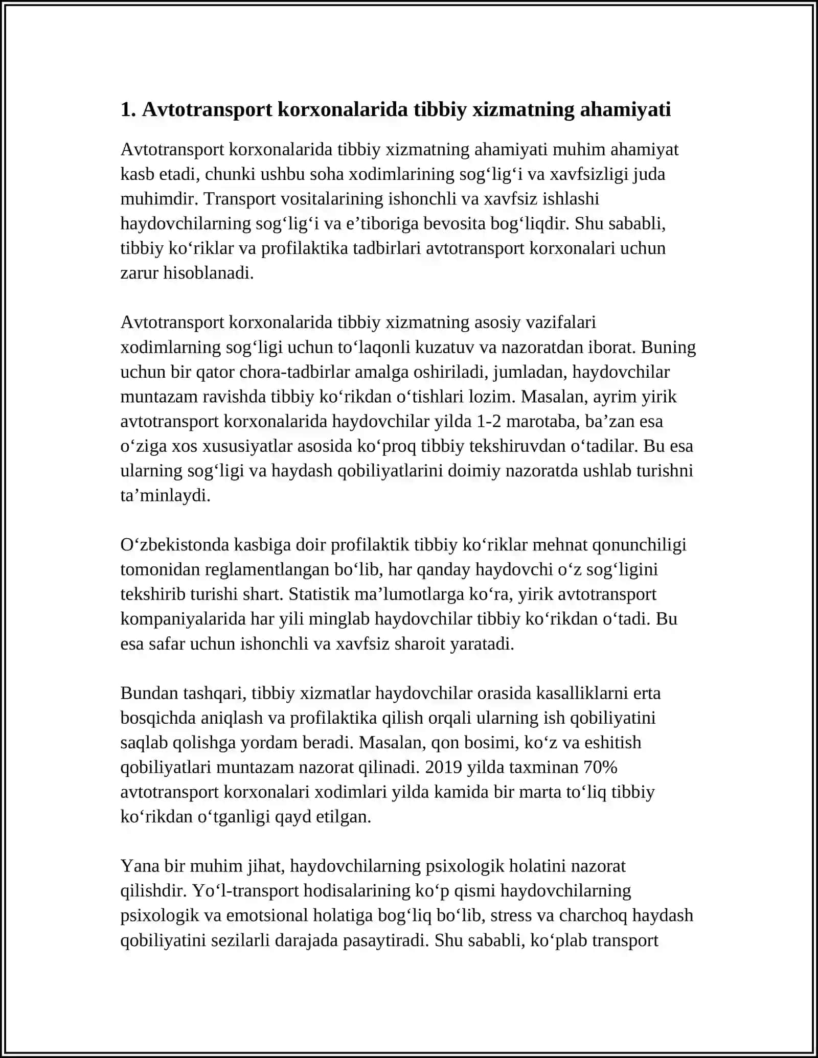 MUSTAQIL ISH Mavzu: AVTOTRANSPORT KORXONALARIDA TIBBIY XIZMATNI TASHKIL ETISH 3