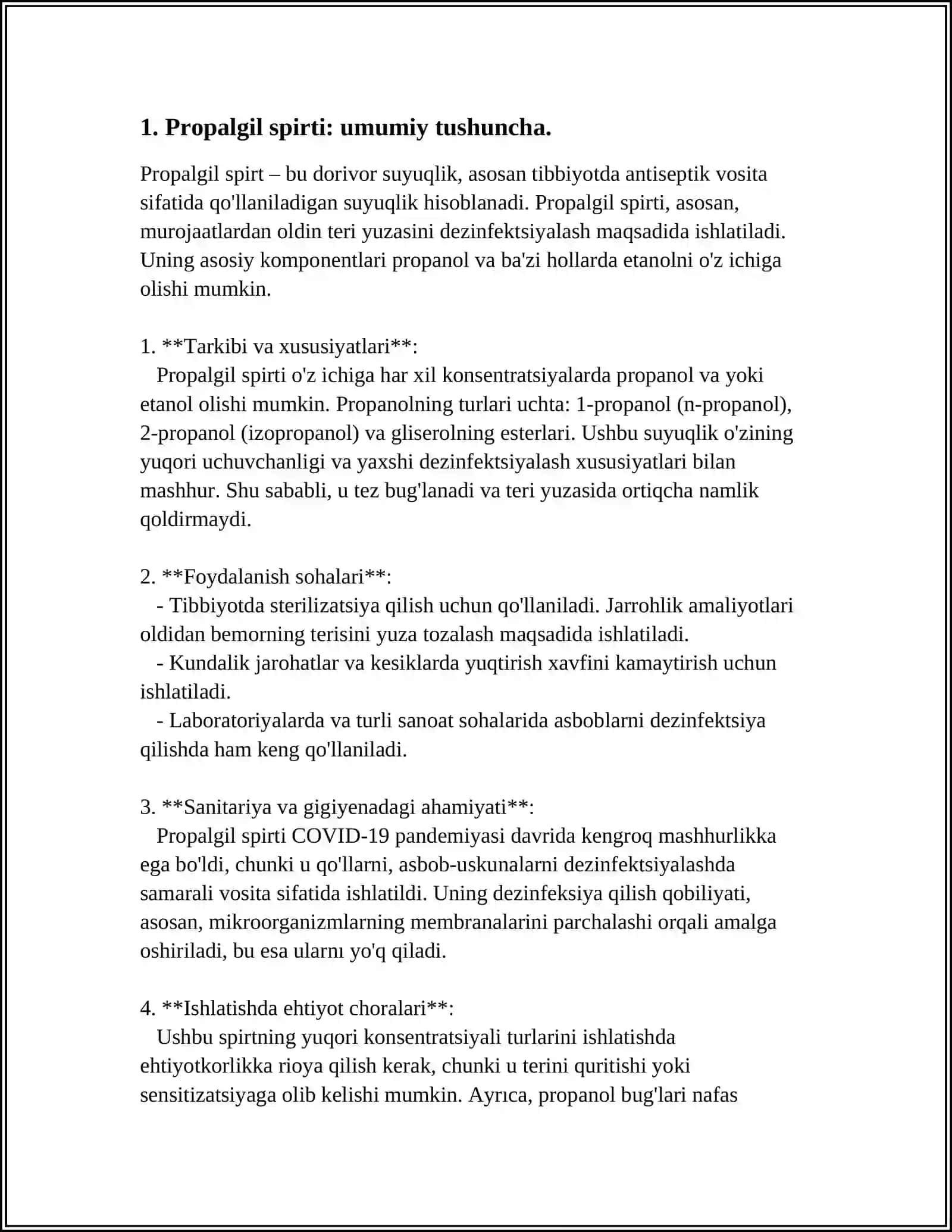 PROPALGIL SPIRT VA UNING BIRIKMALARINING MOLEKULA TUZILISHI, OLINISHI, XOSSALARI VA ISHLATILISHI 3