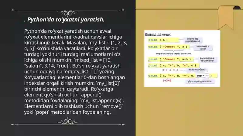 Pythonda rôyxat (list) qanday yaratiladi va u bilan qanday amallar bajariladi 3