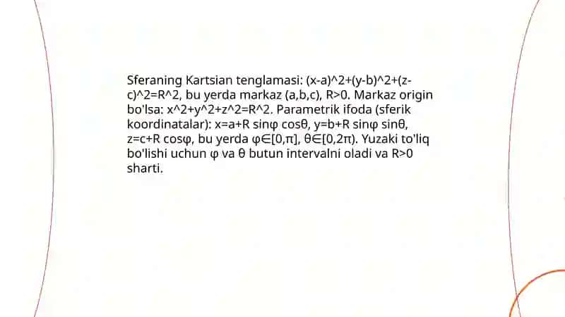 Sfera. Konussimon sirtlar. Aylanish sirtlar. Ikkinchi tartibli sirtlarga doir mashqlar 3