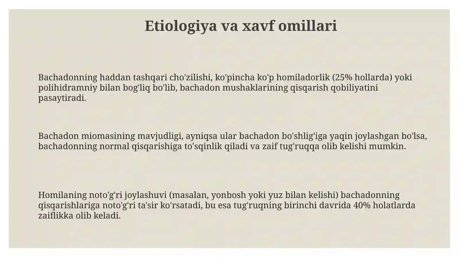 Qoniqarsiz tugʻruq faoliyati. Etiologiyasi, patogenezi, klinikasi va davolash usullari 3