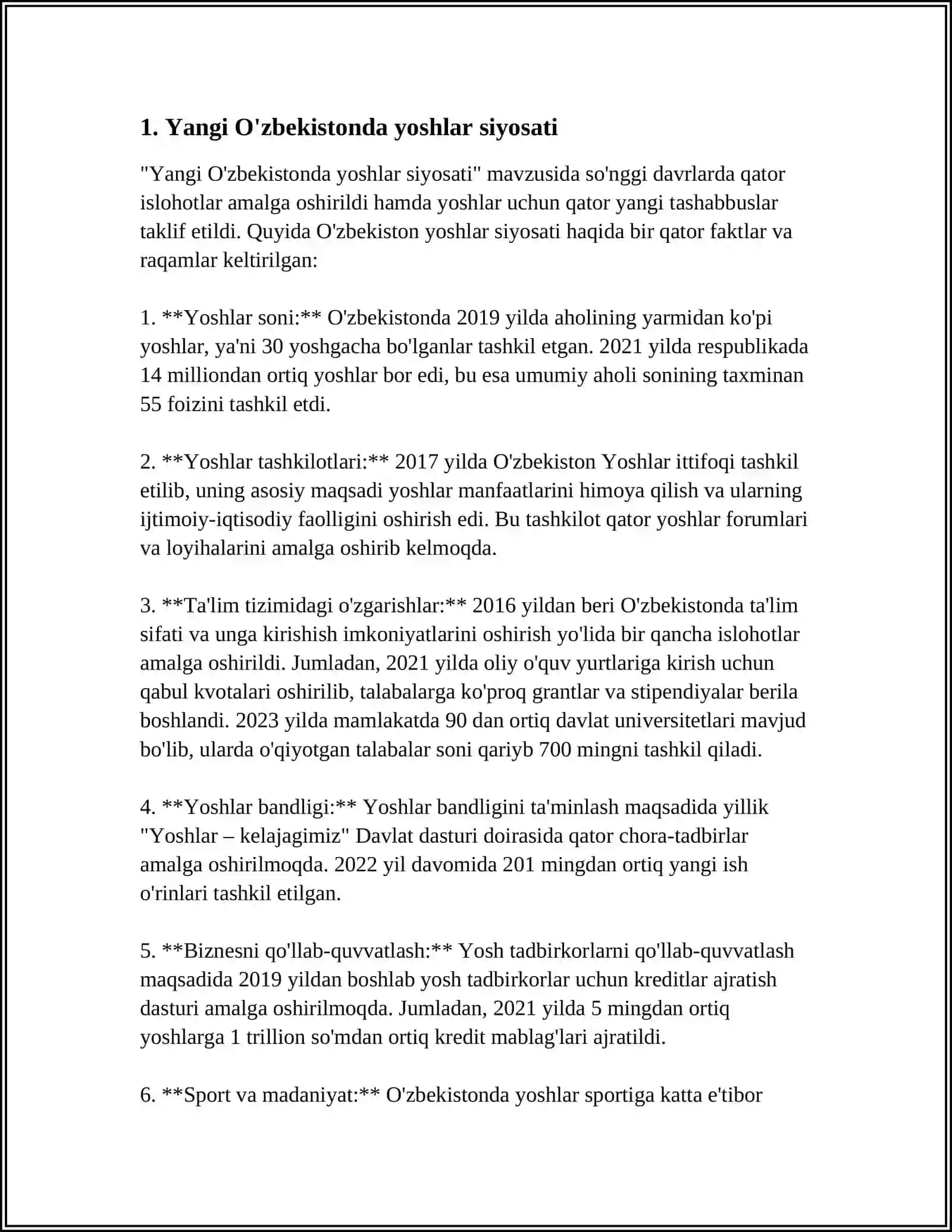 REFERAT: YANGI O'ZBEKISTON TARAQQIYOTIDA YOSHLAR FENOMENI 3