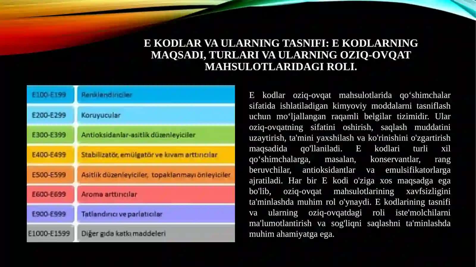 Hid va tam beruvchi qoʻshimchalar uchun E kodlar va foydalangan adabiyotlar 3