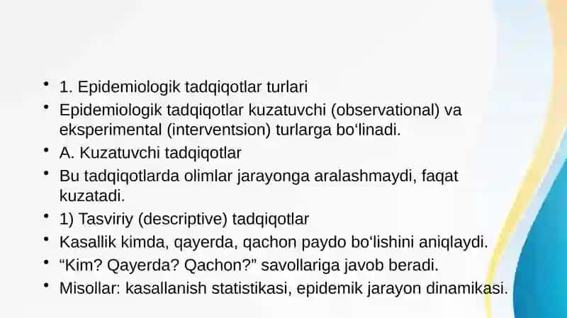 Epidemiologik tadqiqotlar turlari, bosqichlari. Retrospektiv epidemiologik tahlil va uning NIK monitoringidagi roli. Dalillarga asoslangan tibbiyot 3