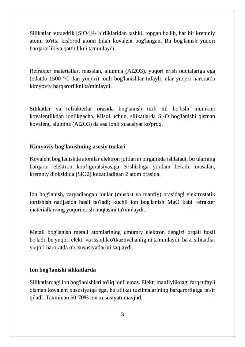Silikat va qiyin eriydigan nometall materiallarda kimyoviy bog'lar 3