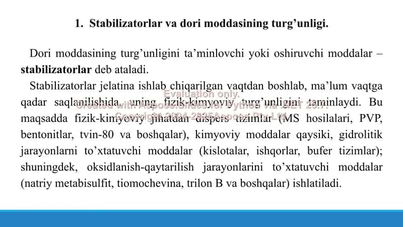 Stabilizator qo’shib tayyorlanadigan in’yeksion eritmalar tayyorlash. Taqdimot 16 bet. 3