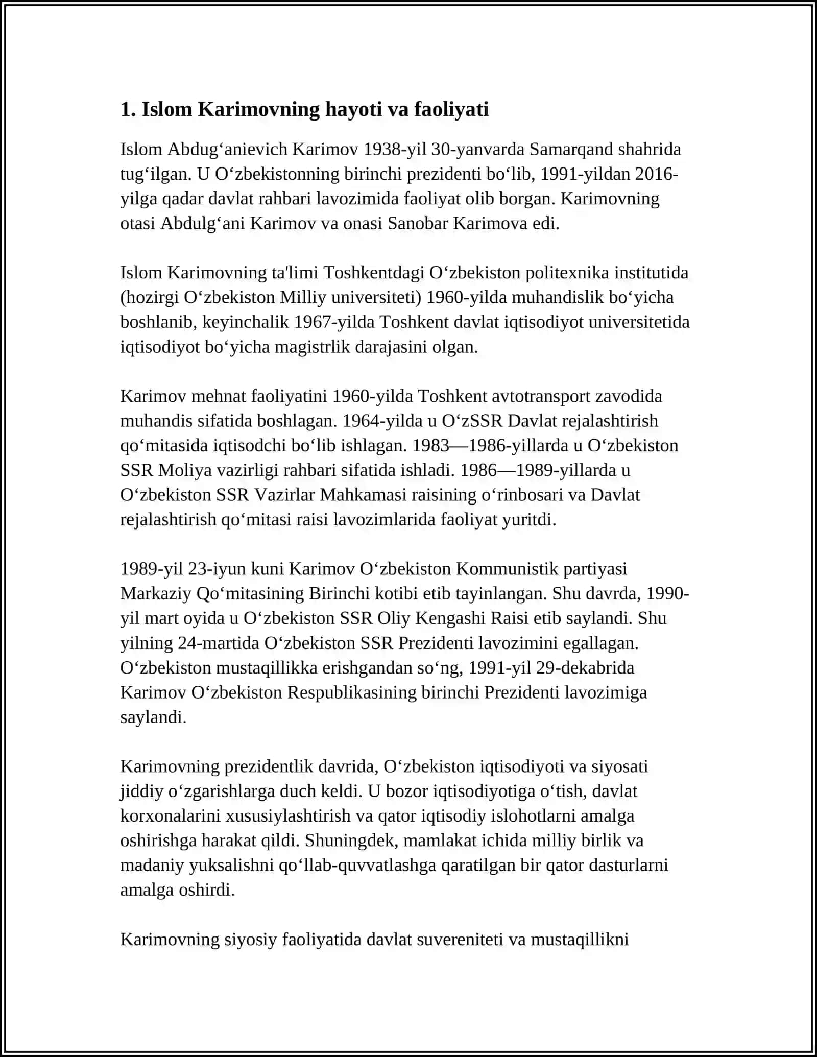 MUSTAQIL ISH Mavzu: ISLOM KARIMOV OZBEKISTONNING BIRINCHI PRESIDENT 3