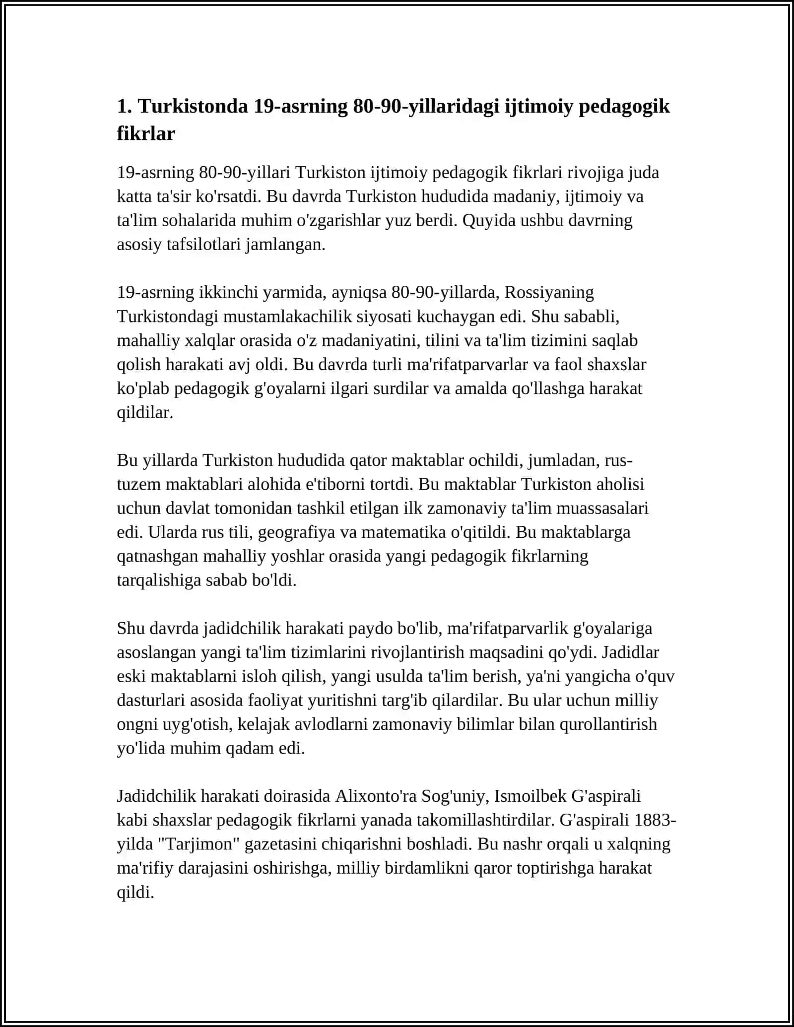 MUSTAQIL ISH Mavzu: 19ASRNING 80-90YILLARIDA TURKISTONDA IJTIMOIY PEDAGOGIK FIKRLAR; MUNAVVAR QORI ABDURASHIDXONOVNING MAʼRIFIY QARASHLARI 3