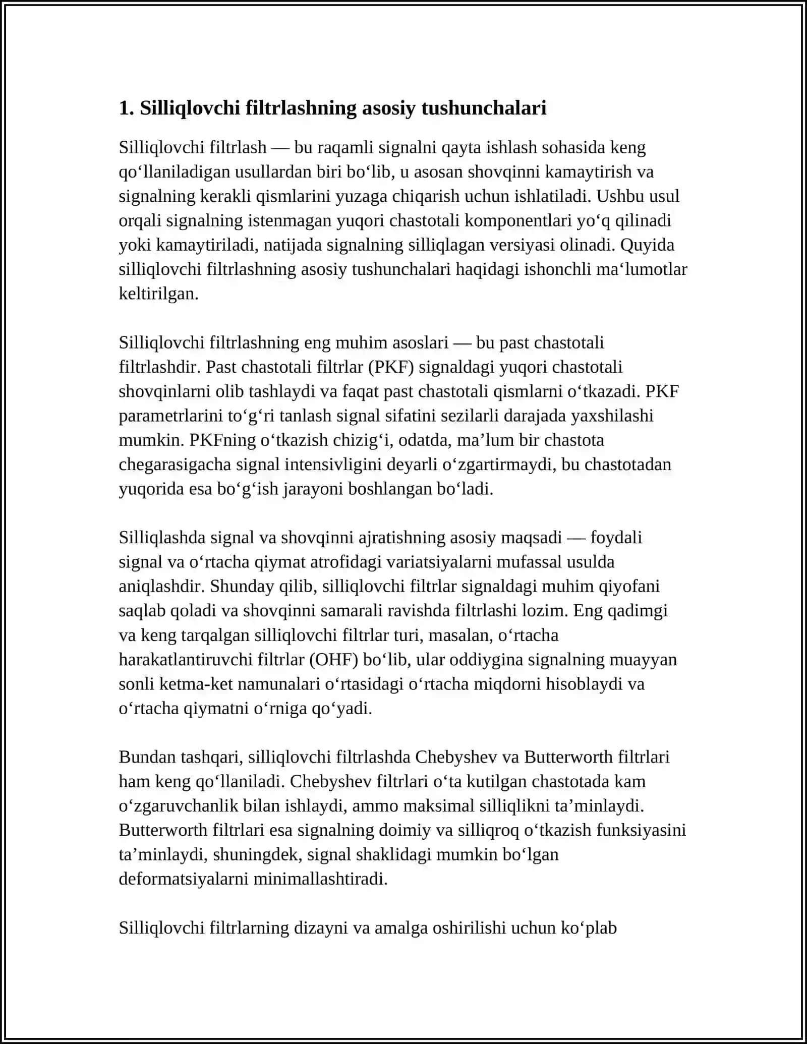 SILLIQLOVCHI FILTRLARNING TURLARI, ISHLASH PRINSIPI VA ZAMONAVIY ELEKTRON BLOKLARDA QO‘LLANILISHI 3