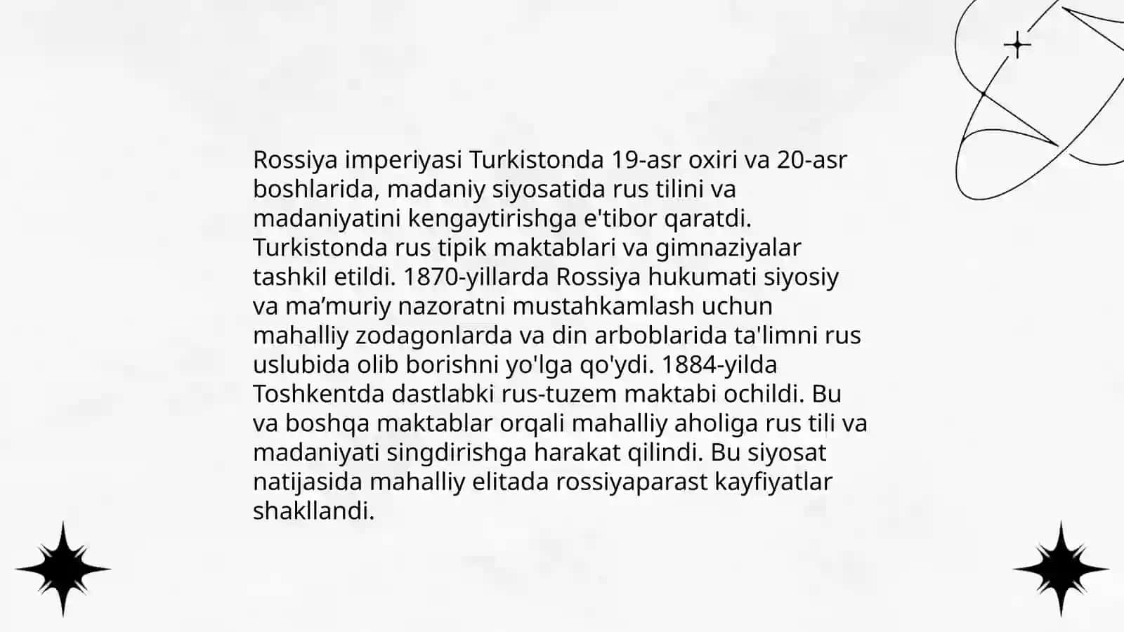 Rossiya imperiyasining Turkistonda milliy madaniyat sohasida olib borgan siyosati 3