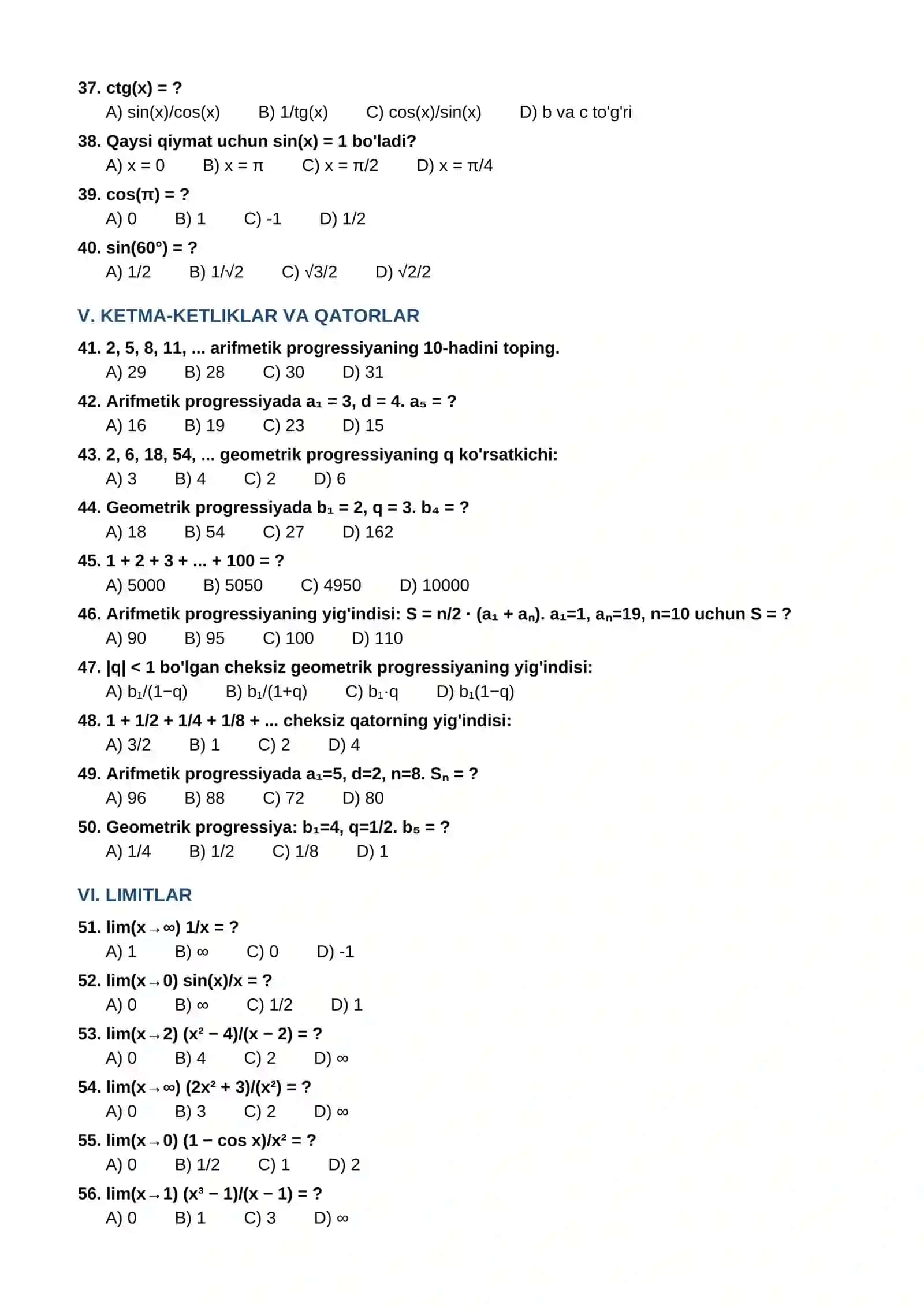 11-SINF MATEMATIKA FANIDAN TEST VARIANTLARI (100 ta savol) 3