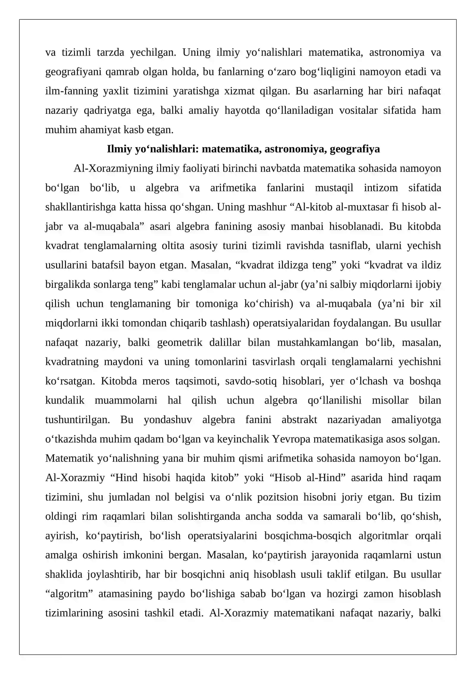 Muhammad ibn Muso al-Xorazmiy (783-850) asarlarining roʻyxatini tuzish hamda ularning bugungi kunda saqlangan makonlari 3