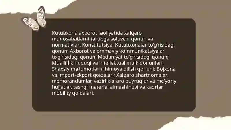 Kutubhona axborot faoliyati hizmatlarida xalqaro munosabatlarini tartibga solish to'g'risidagi me'yoriyxuquqiy hujjatlar 3