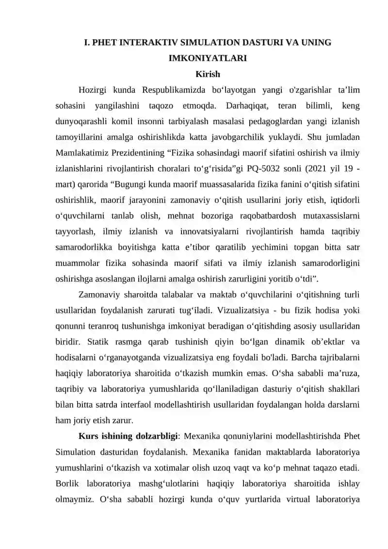 Phet programmasidagi fizika faniga oid namoyish tajribalarini o'tkazish va modellashtirish imkoniyatlari 3