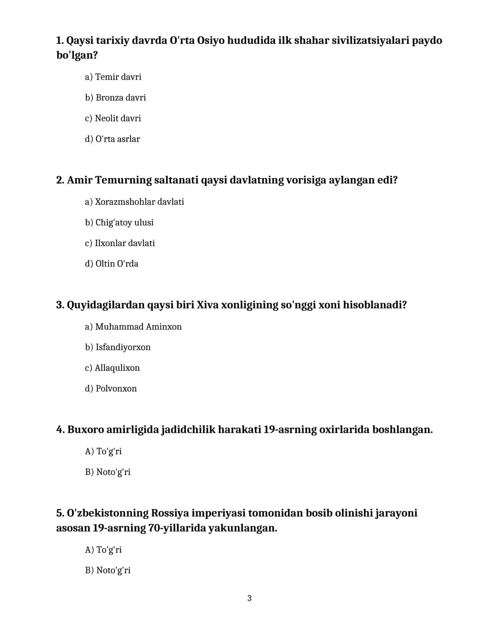 O'ZBEKISTON TARIXI: MAJBURIY FAN BLOKI UCHUN MAXSUS TESTLAR (10-11-SINFLAR) 3