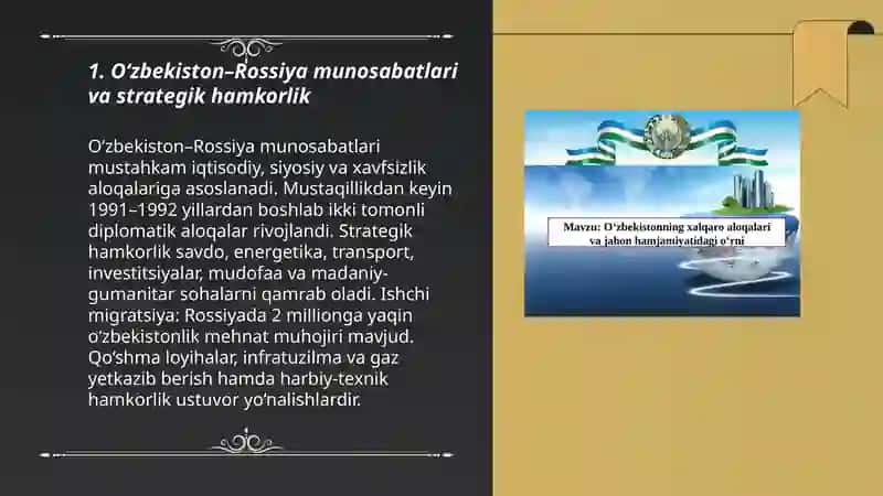 O‘zbekistonning xalqaro aloqalari va jahon hamjamiyatidagi o‘rni. (Dunyo davlatlari bilan) 3