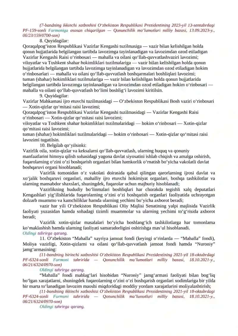 JAMIYATDA IJTIMOIY-MA’NAVIY MUHITNI SOG‘LOMLASHTIRISH, MAHALLA INSTITUTINI YANADA QO‘LLAB-QUVVATLASH HAMDA OILA VA XOTIN-QIZLAR BILAN ISHLASH TIZIMINI YANGI DARAJAGA OLIB CHIQISH CHORA-TADBIRLARI TO‘G‘RISIDA 3