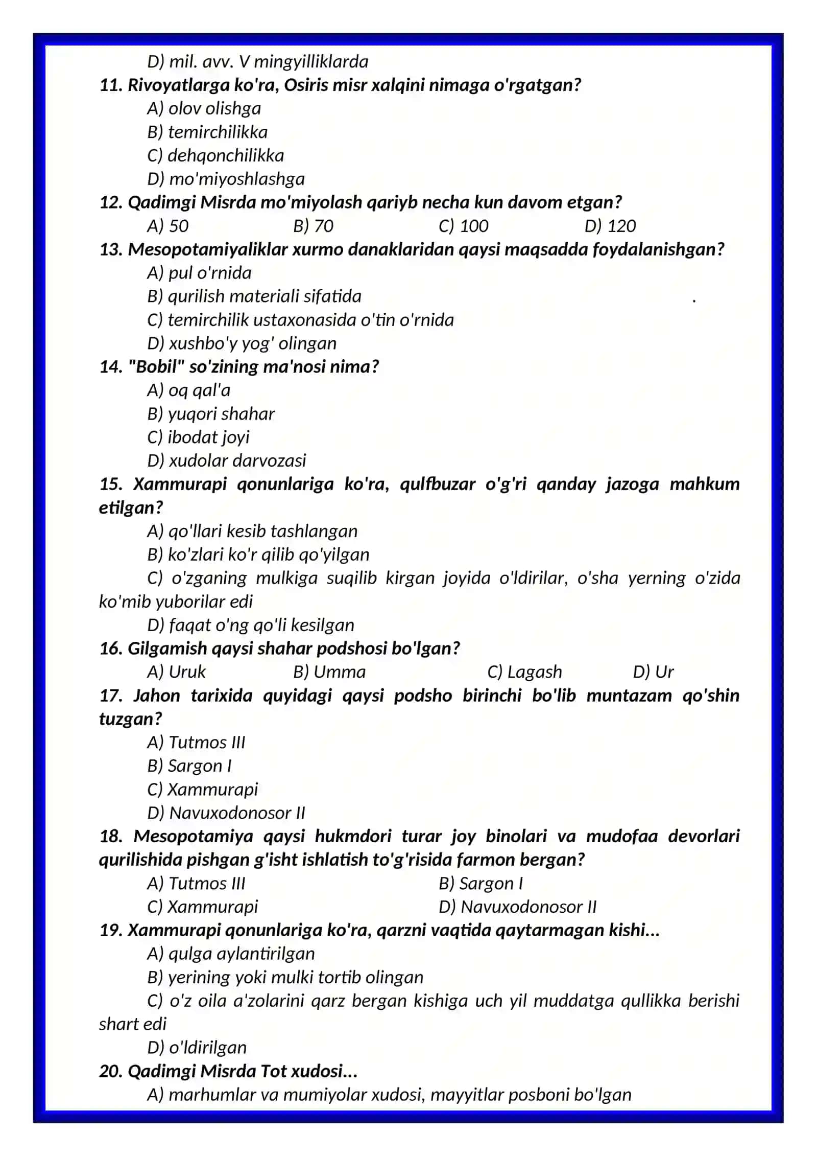 6-sinflar uchun Tarix fanidan TEST SAVOLLARI 3