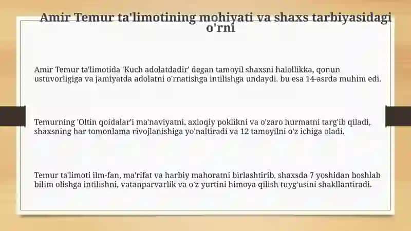 Shaxs tarbiyasida Amir Temur oʻgitlaridan foydalanish 3