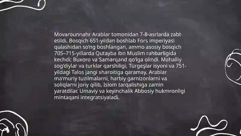 Arablar hukmronligida davrida oʻrta osiyo 3